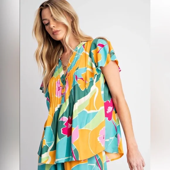 823 ❤️ EASEL FLORAL GEO PRINT CHALLIS PINTUCK FRONT TOP - Picture 3 of 4